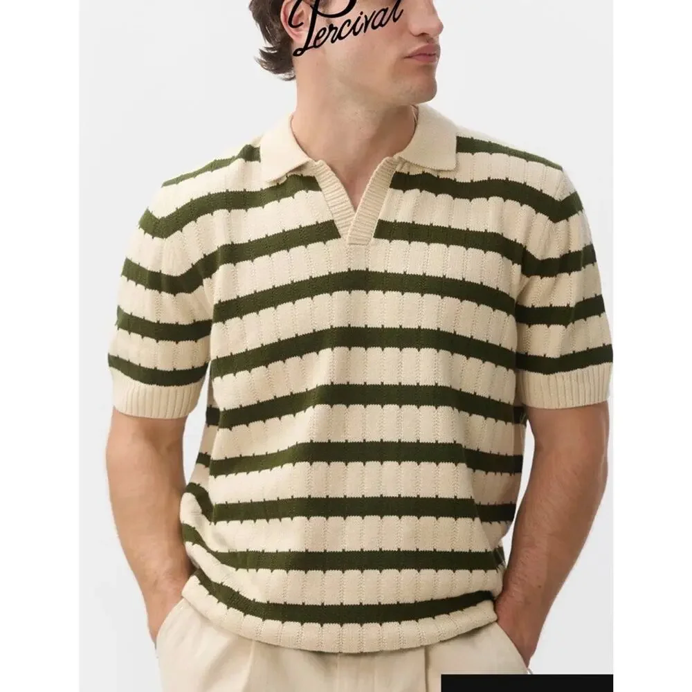 Percival Stine Knitted Polo Short Sleeve Sweater Shirt Men’s XL Navy Blue Tan